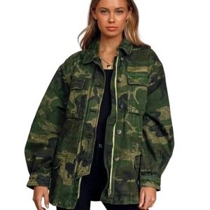 Free People Womens Seize The Day Oversized Camo Military Jacket M Green NWT